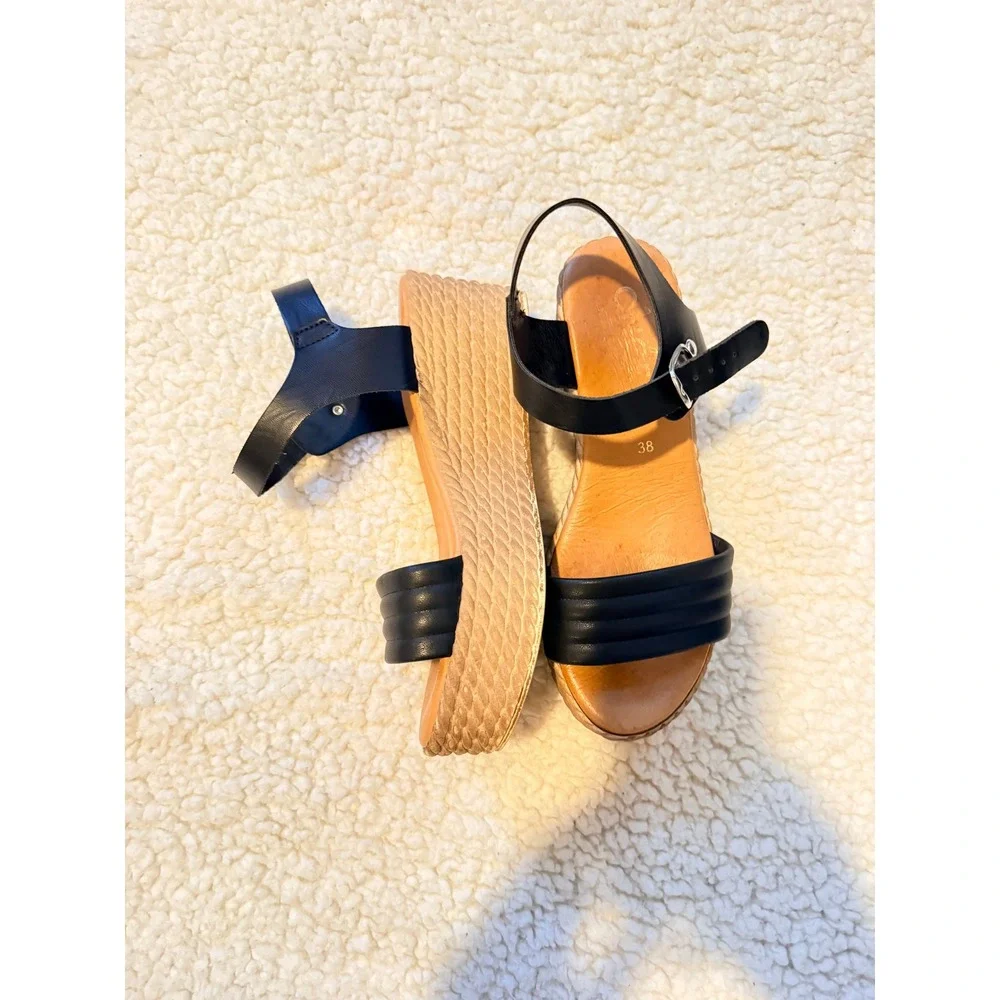 ONGE Black Italian Leather Platform Espadrille Wedge Sandals Vera Pelle Size 38